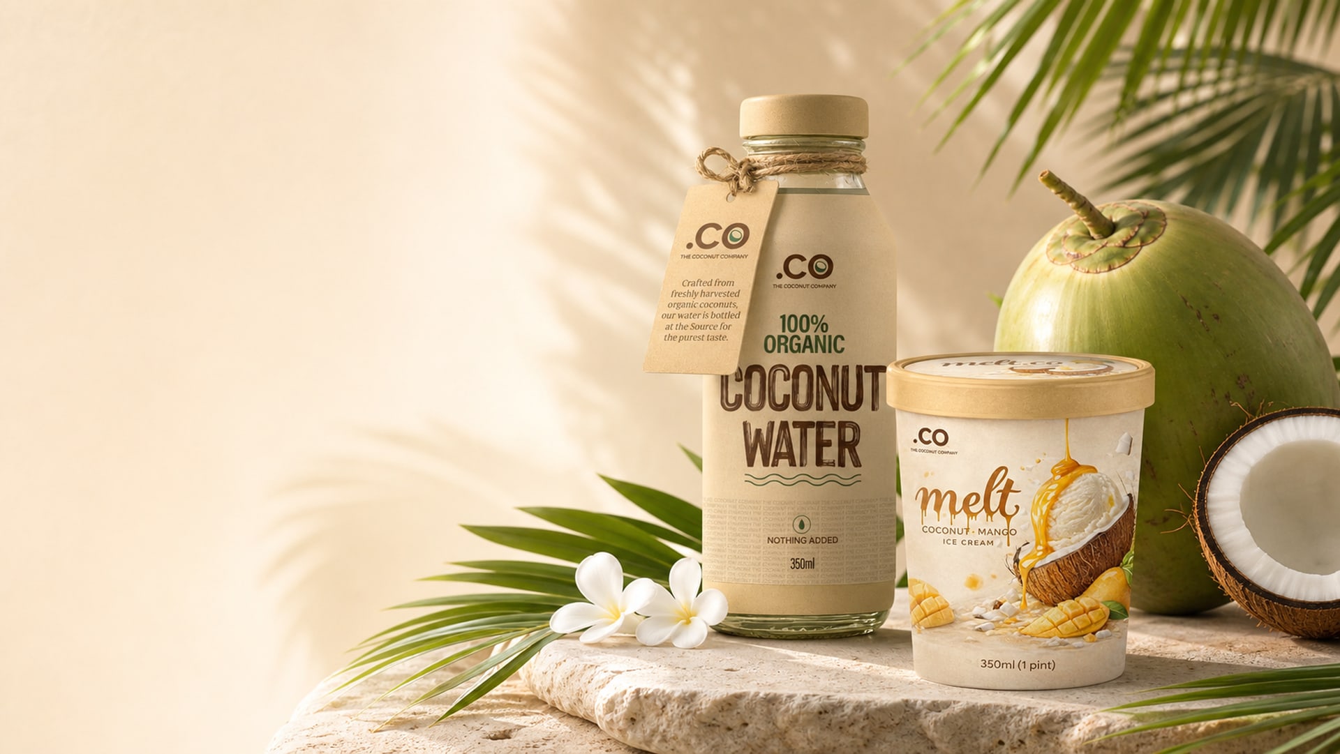 .CO coconut water and Melt.CO products with fresh coconuts