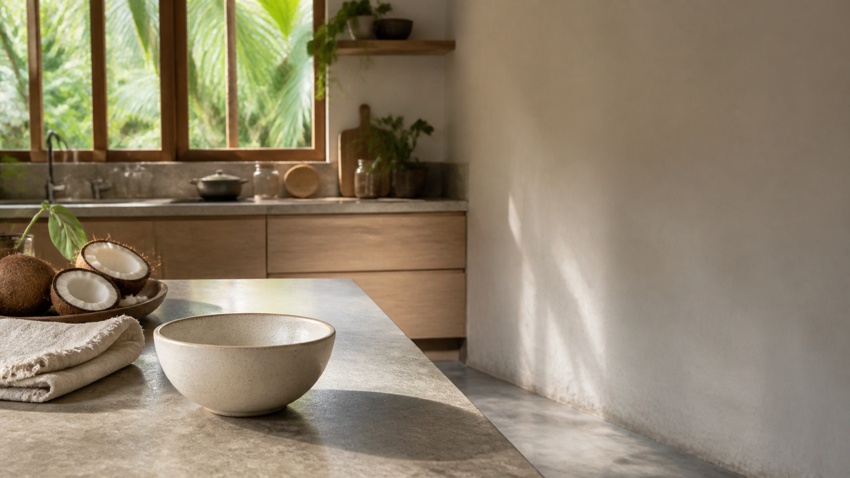 A sunlit kitchen prepared for an everyday coconut ritual.